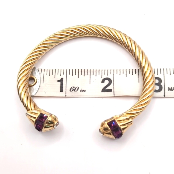 Vintage Gold-Tone Cuff Bracelet Twisted Rope Detail with Rhinestone Covered Caps - Picture 6 of 7